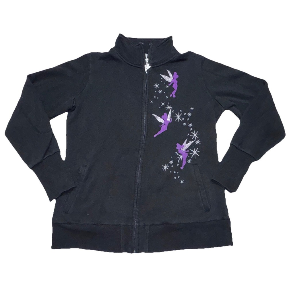 Disney Tinker Bell Zip Up Jacket Womens Medium Black Glitter Believe Hoodie